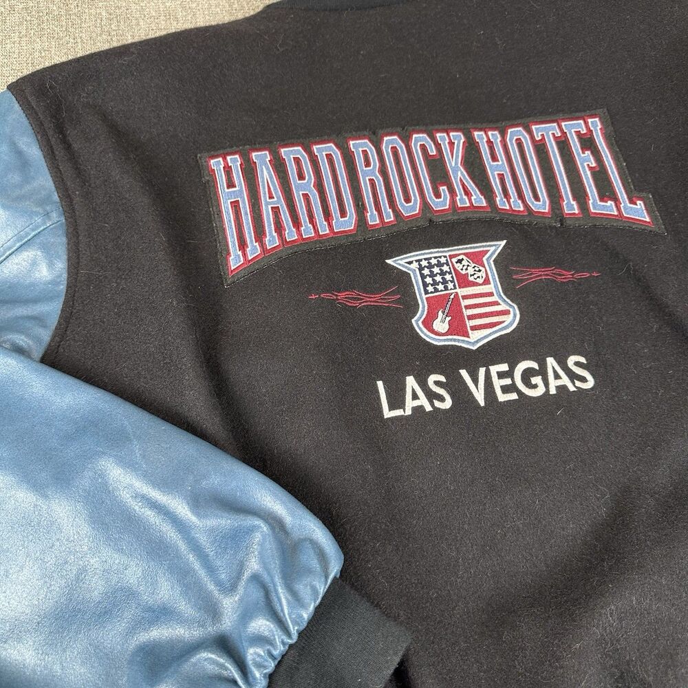 Vintage Hard Rock Hotel Las Vegas Wool Leather Black Blue Jacket Bomber Coat XL